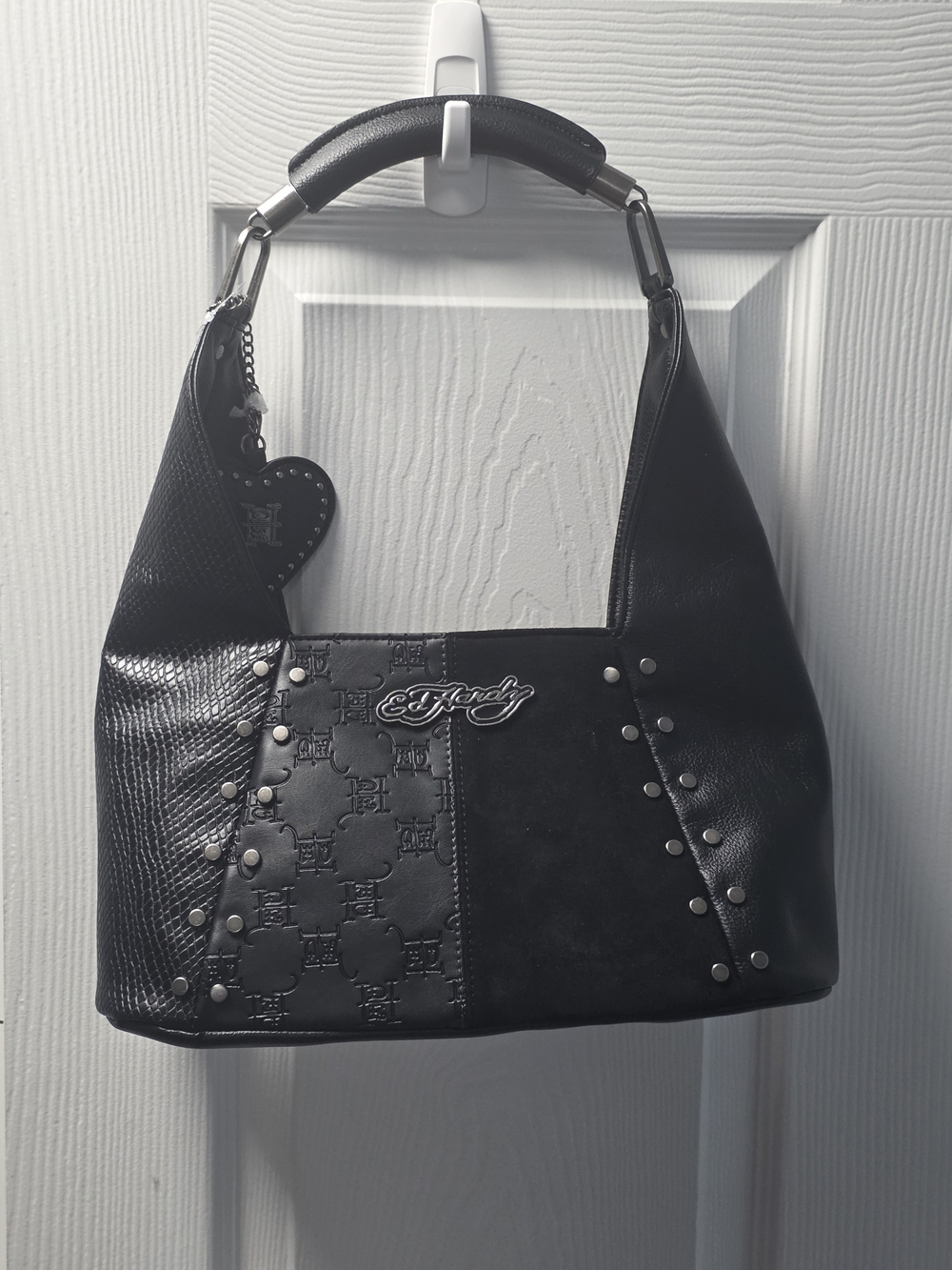 Ed Hardy Black Studded Patchwork Shoulder Bag with Logo Plaque